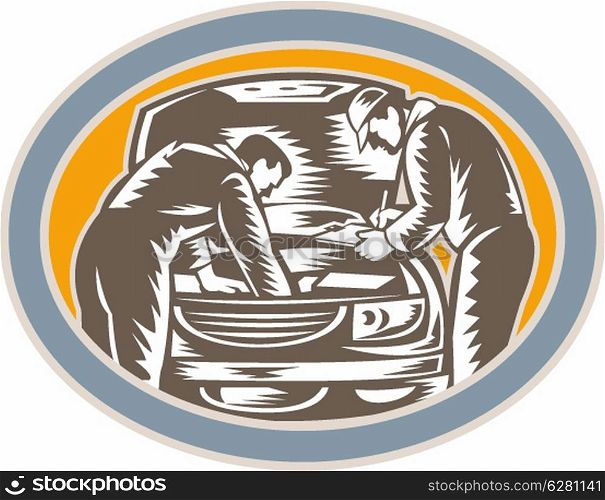 Illustration of two auto mechanic repairing automobile car vehicle viewed from front set inside oval shape done in retro woodcut style.. Mechanic Repairing Car Woodcut Retro