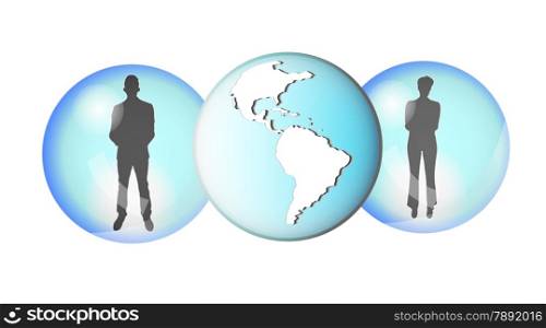 Illustration of two business people connected with earth globe