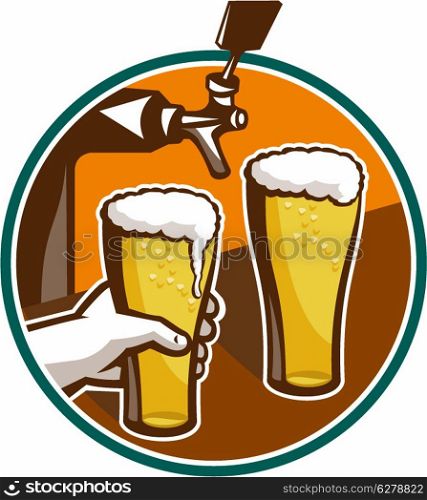Illustration of two glass full pint of beer with hand holding and tap in background set inside circle.. Beer Pint Glass Hand Tap Retro