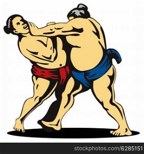 Illustration of two Japanese sumo wrestlers fighting isolated on white background.. Japanese Sumo Wrestlers Fighting