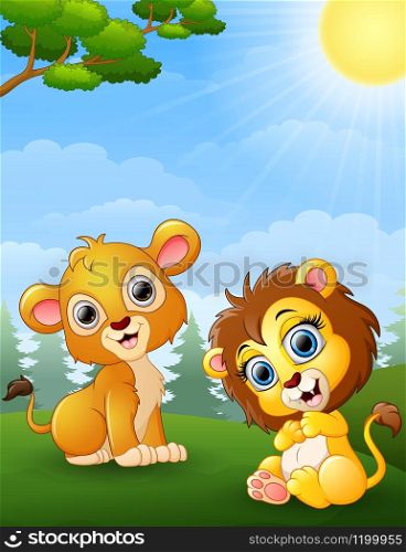 illustration of Two lion cub cartoon in the jungle