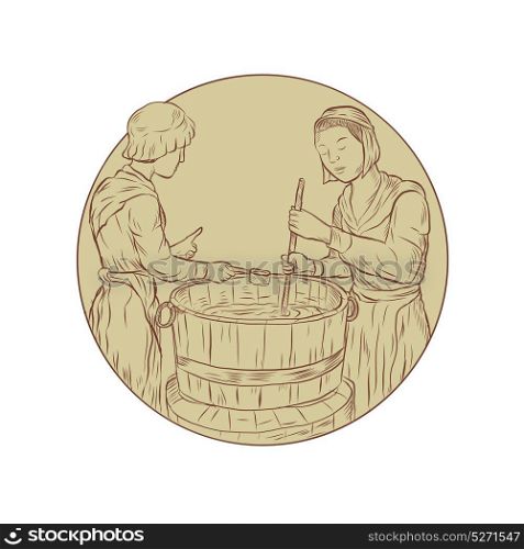 Illustration of two medieval Alewife Brewing Beer ale in vat open top barrel done in hand drawn sketch Drawing style.. Alewife Brewing Beer Drawing