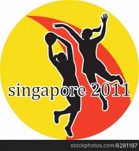 illustration of two netball players silhouette jumping shooting blocking the ball with words Singapore 2011. Netball player Singapore 2011