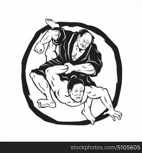 Illustration of two Samurai Jiu Jitsu Judo Fighting grappling with enso Circle in background done Drawing style.. Samurai Jiu Jitsu Judo Fighting Drawing