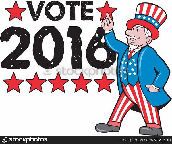 Illustration of Uncle Sam hand pointing up wearing top hat and suite with american flag stars and stripes viewed from side set on isolated white background with the word Vote 2016 on the side done in retro style. . Vote 2016 Uncle Sam Hand Pointing Up Retro