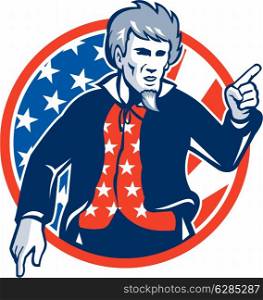 Illustration of Uncle Sam pointing a finger at you set inside circle with stars and stripes American flag viewed from front.. Uncle Sam American Pointing Finger Flag Retro