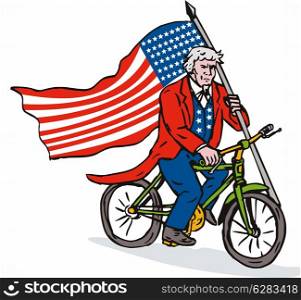 Illustration of Uncle Sam stars and stripes riding a bicycle holding American flag viewed from side set on white background done in retro style.