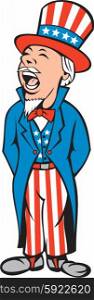Illustration of uncle sam wearing american flag stars and stripes hat and suit shouting facing side set on isolated white background done in cartoon style. . Uncle Sam American Shouting Cartoon