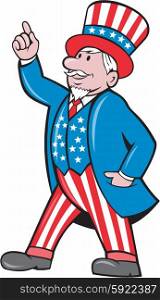 Illustration of Uncle Sam wearing american stars and stripes hat and suit pointing up viewed from the side set on isolated white background done in cartoon style. . Uncle Sam American Pointing Up Cartoon