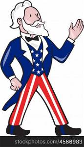 Illustration of Uncle Sam wearing american stars and stripes suit standing waving hand looking to the side viewed from front set on isolated white background done in cartoon style. . Uncle Sam Waving Hand Crest Cartoon
