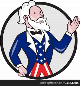 Illustration of Uncle Sam wearing american stars and stripes suit waving hand looking to the side viewed from the side set inside circle on isolated background done in cartoon style. . Uncle Sam American Waving Hand Circle Cartoon