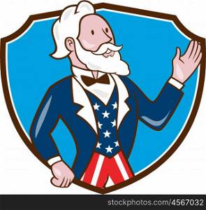 Illustration of Uncle Sam wearing american stars and stripes suit waving hand looking to the side viewed from front set inside shield crest on isolated background done in cartoon style. . Uncle Sam Waving Hand Crest Cartoon