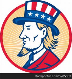 Illustration of Uncle Sam wearing hat with stars and stripes American flag viewed from side set inside circle.. Uncle Sam American Side