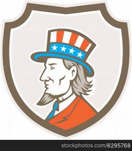 Illustration of Uncle Sam wearing hat with stars and stripes American flag viewed from side set inside shield on isolated background done in retro style. . Uncle Sam American Side Shield Crest