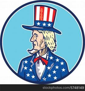 Illustration of Uncle Sam wearing top hat with stars and stripes American flag viewed from side set inside circle on isolated background done in cartoon style.