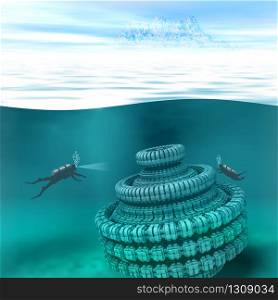 Illustration of underwater scene with divers and submerged spacecraft. Underwater scenery illustration