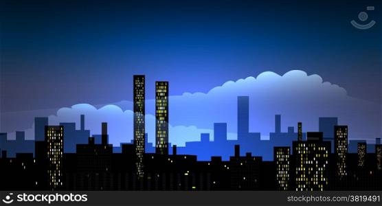 Illustration of urban night sityscape against cloudy sky