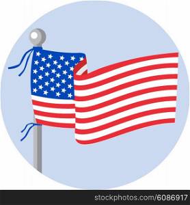 Illustration of usa american stars and stripes flag on flagpole set inside circle done in cartoon style. . USA Flag Stars and Stripes on Flagpole Circle Cartoon