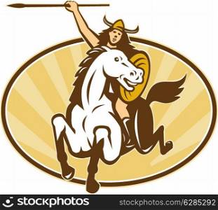 Illustration of valkyrie of Norse mythology female rider warriors riding horse with spear done in retro style.. Valkyrie Amazon Warrior Horse Rider