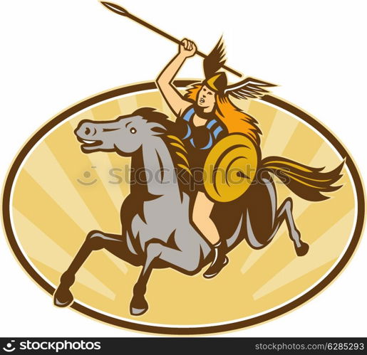 Illustration of valkyrie of Norse mythology female rider warriors riding horse with spear done in retro style.. Valkyrie Amazon Warrior Horse Rider