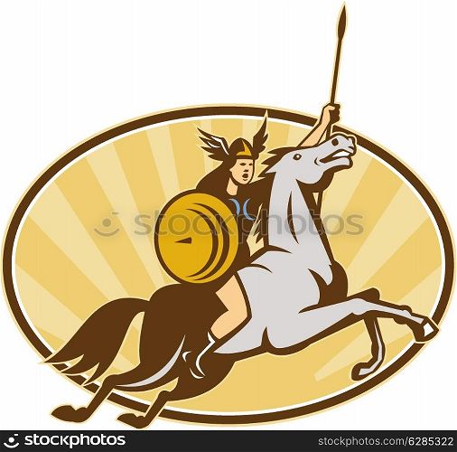 Illustration of valkyrie of Norse mythology female rider warriors riding horse with spear done in retro style.. Valkyrie Amazon Warrior Horse Rider