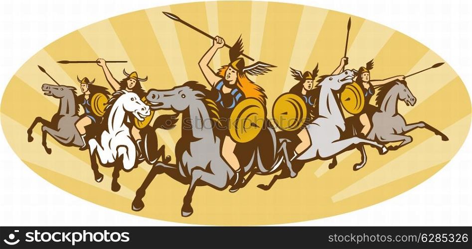 Illustration of valkyrie of Norse mythology female rider warriors riding horse with spear set inside oval with sunburst done in retro style.