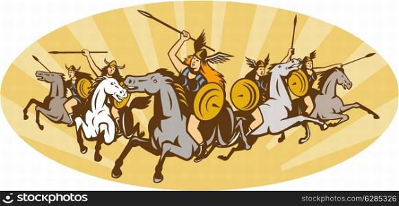 Illustration of valkyrie of Norse mythology female rider warriors riding horse with spear set inside oval with sunburst done in retro style.