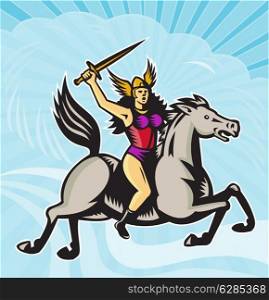 Illustration of valkyrie of Norse mythology female rider warriors riding horse with spear done in retro style.. Valkyrie Amazon Warrior Riding Horse