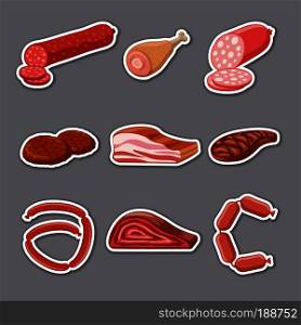 illustration of various meat products stickers, sausages, bacon and steak. meat products stickers