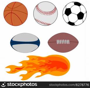 Illustration of various sports balls including a basketball, baseball, soccer ball, rugby ball, football, and ball of flame.