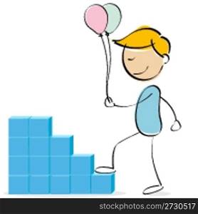 illustration of vector kid climbing stacked blocks holding balloons