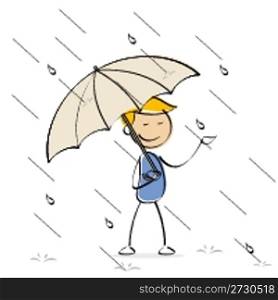 illustration of vector kid holding umbrella in rainy day