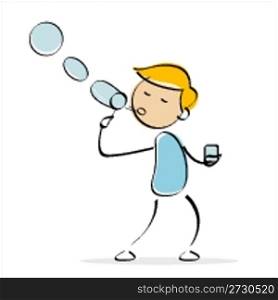 illustration of vector kid making soap bubbles against white isolated background