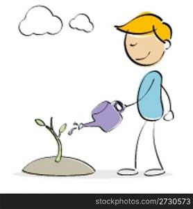 illustration of vector kid sprinkling water to plant