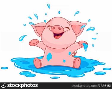 Illustration of very cute piggy in a puddle