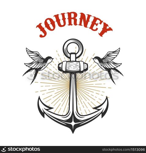 Illustration of vintage anchor with swallows in engraving style. Design element for logo, label, sign, poster, t shirt. Vector illustration