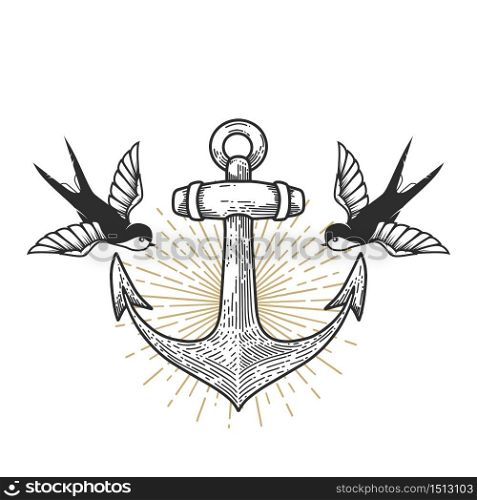 Illustration of vintage anchor with swallows in engraving style. Design element for logo, label, sign, poster, t shirt. Vector illustration