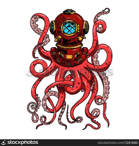 Illustration of vintage diver helmet with octopus tentacles. Design element for poster, card, banner, clothes decoration. Vector illustration