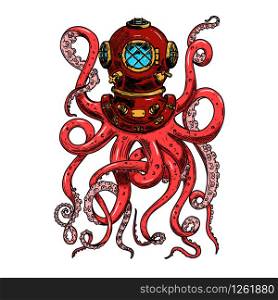 Illustration of vintage diver helmet with octopus tentacles. Design element for poster, card, banner, clothes decoration. Vector illustration
