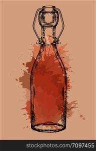 Illustration of vintage glass bottle hatching with watercolor splashes. Zero waste object. Vector engraving element for menus, articles, cards and your creativite. Illustration of vintage glass bottle hatching with watercolor splashes. Zero waste object. Vector engraving element