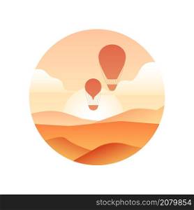 Illustration of vintage hot air balloon with in the sky, sunrise and hills. Silhouette of aerostat on landscape background. Vector gradient image of balloons with baskets for stickers and postcards.. Illustration of vintage hot air balloon with in the sky, sunrise and hills. Silhouette of aerostat on landscape background. Vector gradient image of balloons