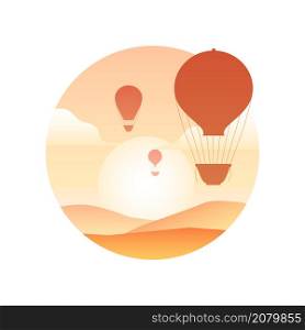 Illustration of vintage hot air balloon with in the sky, sunrise and hills. Silhouette of aerostat. Vector gradient image of balloons with baskets for stickers and postcards.. Illustration of vintage hot air balloon with in the sky, sunrise and hills. Silhouette of aerostat. Vector gradient image