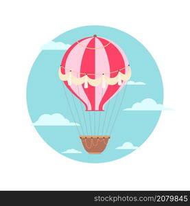 Illustration of vintage hot air balloon with ribbons in the sky with cloud. Retro air transport. Vector flat image of cartoon balloons with baskets for stickers and postcards.. Illustration of vintage hot air balloon with ribbons in the sky with cloud. Retro air transport. Vector flat image of cartoon balloons