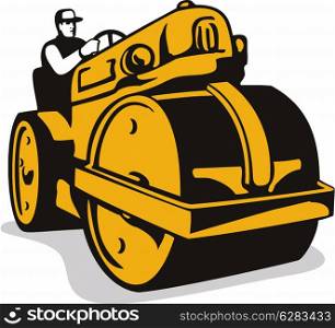 Illustration of vintage road roller viewed from the front on low angle done in retro style.