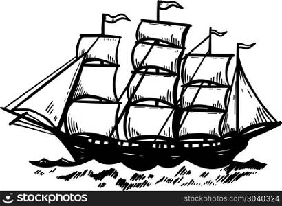Illustration of vintage sea ship. Design element for poster, card, emblem, sign, banner. Vector image. Illustration of vintage sea ship. Design element for poster, card, emblem, sign, banner.