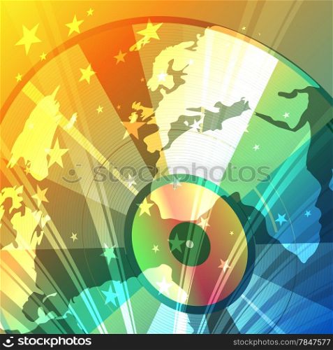 Illustration of vinyl disc with globe geography surface against festive rainbow background