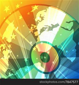 Illustration of vinyl disc with globe geography surface against festive rainbow background