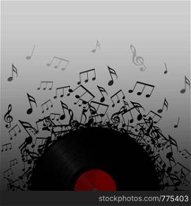 Illustration of vinyl record with music notes with space for text. Vector element for presentations, covers and your creativity. Illustration of vinyl record with music notes