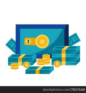 Illustration of wallet and money. Banking concept with finance items.. Illustration of safe and money.