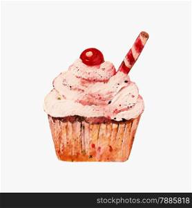 Illustration of watercolor cupcake isolated on white background